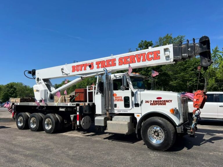 tree service in Effingham, Illinois; tree services in Shelbyville, Illinois; tree service in Vandalia, Illinois; tree removal estimates; tree removal; Buff's Tree Service white lift truck parked
